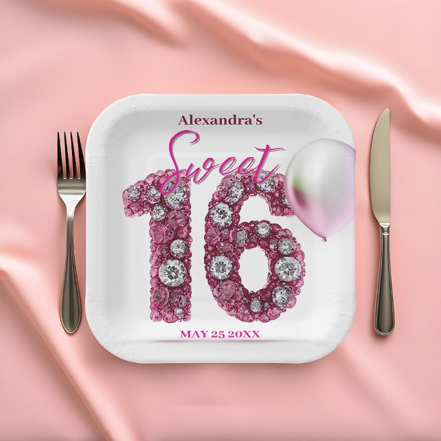 Assiettes En Carton Glam Chic rose et blanc Gemstone Sweet 16 (Créateur téléchargé)