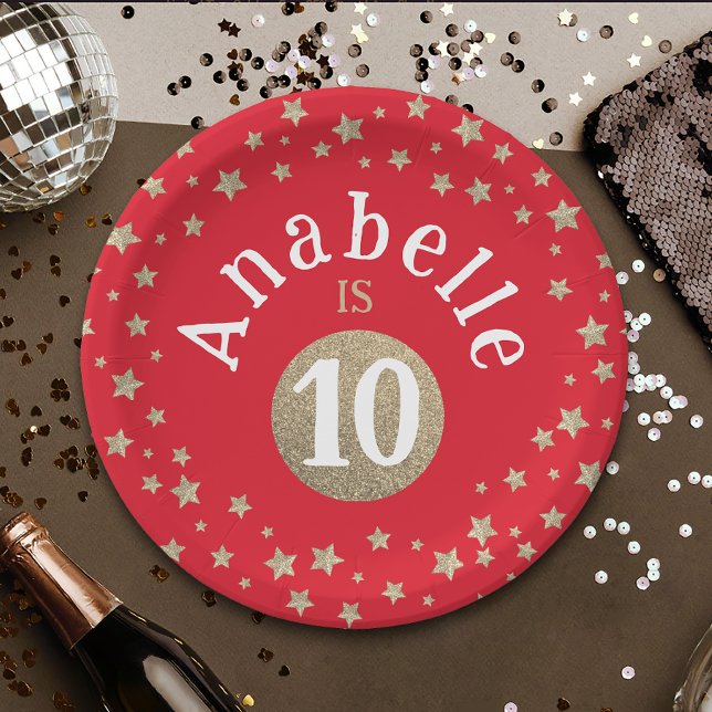 Assiettes En Carton Glam Cool Rouge et Parties scintillant Or Étoiles  (Créateur téléchargé)