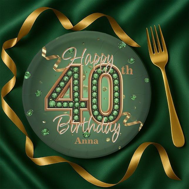 Assiettes En Carton Glam Emerald Green and Gold 40th Birthday (Créateur téléchargé)