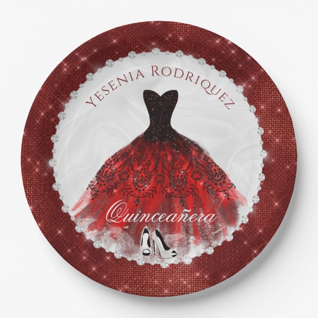 Assiettes En Carton Glam étincelle en diamant rouge Quinceañera (Devant)