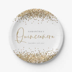 Assiettes En Carton Glam Gold Nom de la Parties scintillant Date Quinc