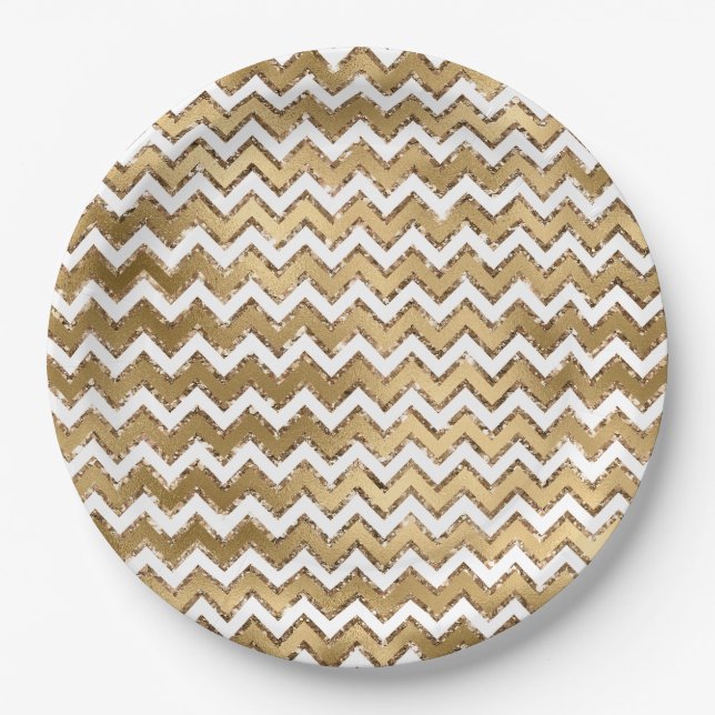 Assiettes En Carton Glam Gold White Zigzag (Devant)