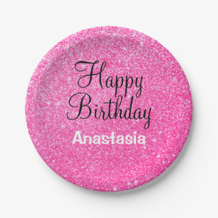 Assiettes En Carton Glam Happy Birthday Hot Pink Parties scintillant N