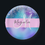 Assiettes En Carton Glam Holographique Sirène Parties scintillant étin<br><div class="desc">La parties scintillant de sirène holographique en verre scintille le nom monogramme et les plaques de papier initiales. Votre nom personnalisé et votre monogramme sont écrits dans un élégant script écrit à la main avec un arrière - plan rose clair. Vous pouvez modifier la couleur du texte, le style et...</div>