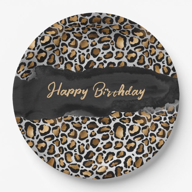 Assiettes En Carton Glam Leopard Joyeux anniversaire (Devant)