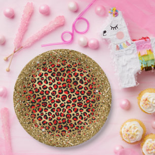 Assiettes En Carton Glam léopard rouge noir et doré