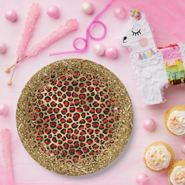 Assiettes En Carton Glam léopard rouge noir et doré (Fête)