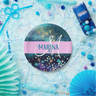 Assiettes En Carton Glam Mermaid Aqua Gold Parties scintillant étincel