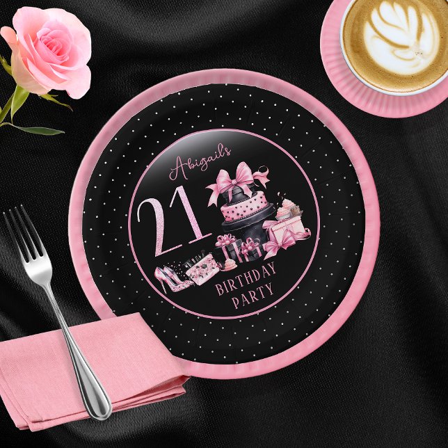 Assiettes En Carton Glam Pink Black Fashion 21ème anniversaire (Glam Pink and Black French Couture Fashion 21st Birthday Party Paper Plates)