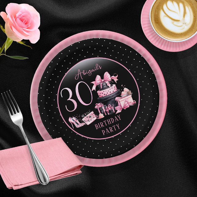 Assiettes En Carton Glam Pink Black Fashion 30th Birthday Party (Glam Pink and Black French Couture Fashion 30th Birthday Party Paper Plates)