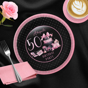 Assiettes En Carton Glam Pink Black Fashion 50e fête d'anniversaire