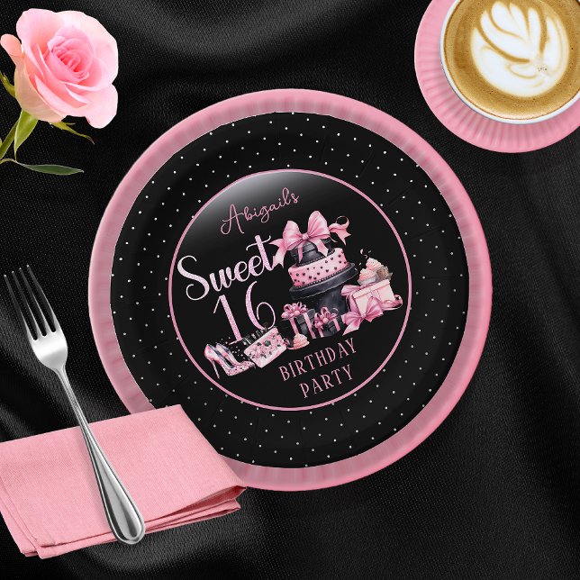 Assiettes En Carton Glam Pink Black Fashion Sweet 16 Anniversaire (Glam Pink and Black French Couture Fashion Sweet 16 Birthday Party Paper Plates)