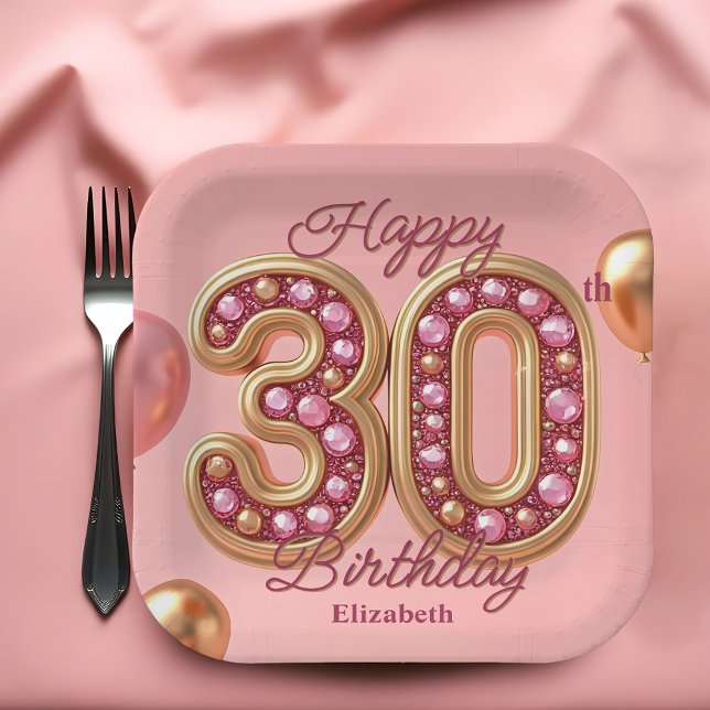 Assiettes En Carton Glam Pink et Gold Gemstone 30e anniversaire (Créateur téléchargé)
