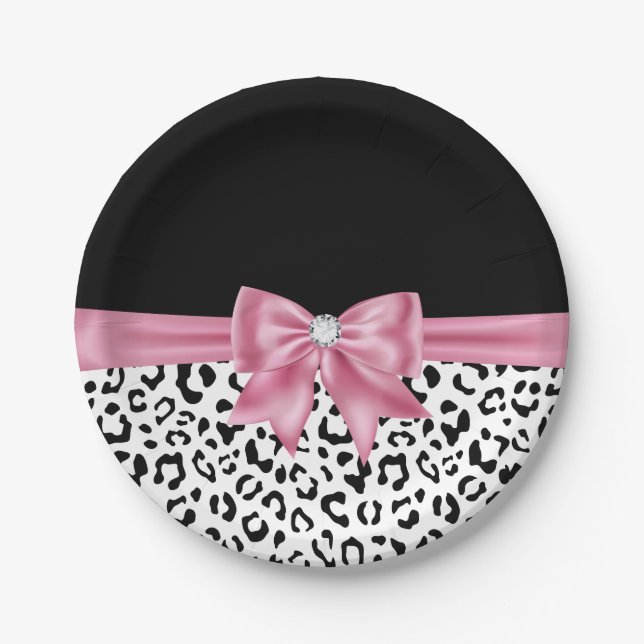 Assiettes En Carton Glam rose Bow Diamond Black Snow Leopard (Devant)