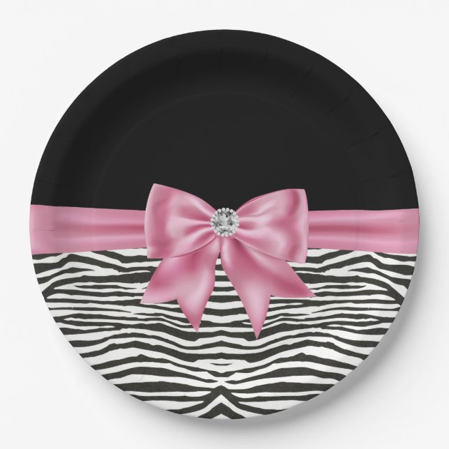 Assiettes En Carton Glam rose Bow Diamond Zebra Print Black (Devant)