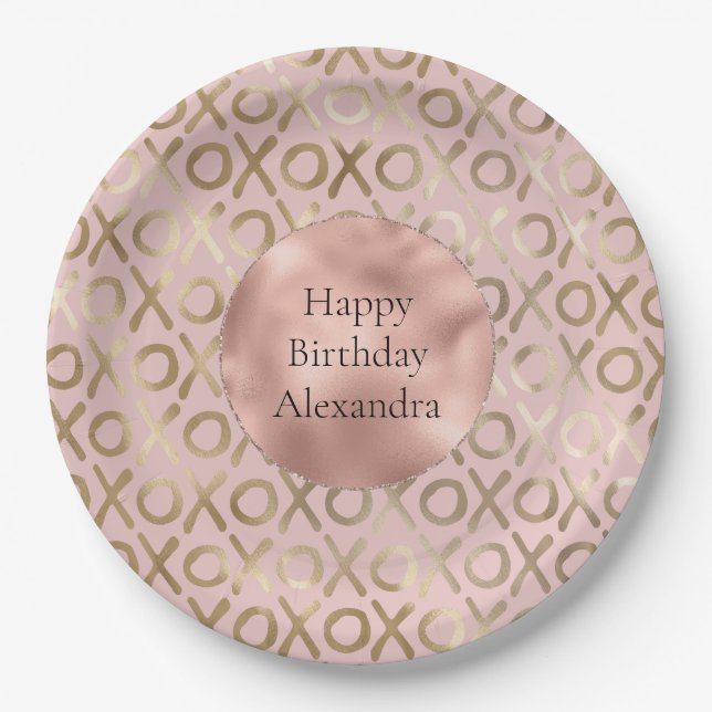 Assiettes En Carton Glam Rose Gold Blush XOXO Anniversaire (Devant)