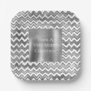 Assiettes En Carton Glam Silver White Zigzag Stripes