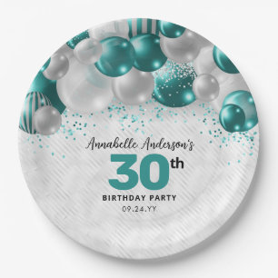 Assiettes En Carton Glam Turquoise Green Balloon en argent Parties sci
