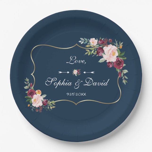 Assiettes En Carton GlamGold Burgundy Blush Floral Navy Blue Mariage (Devant)
