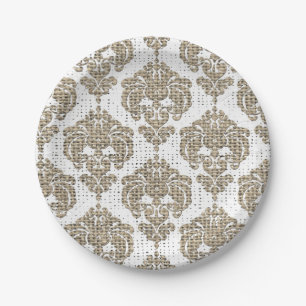 Assiettes En Carton Glamor Rustique Burlap Royal Damask Chic Moderne