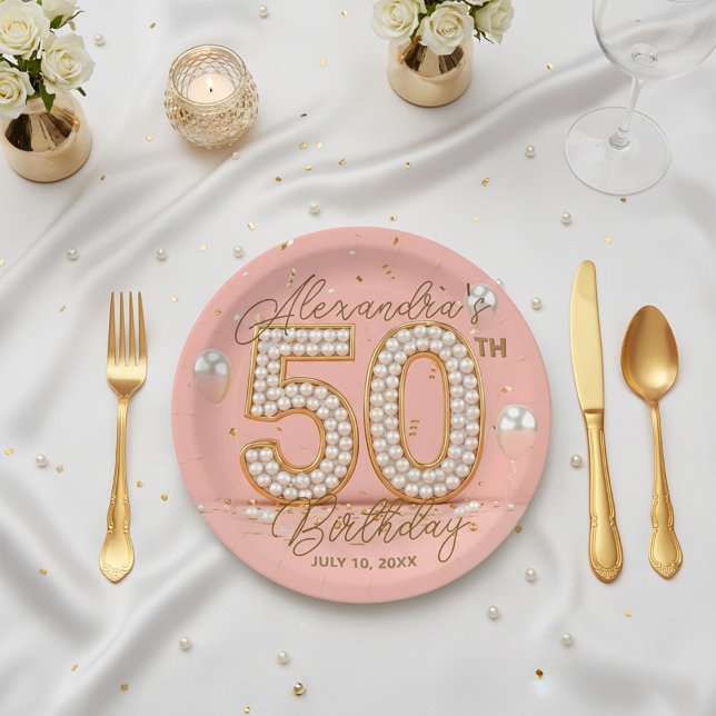 Assiettes En Carton Glamorous Pearl and Gold 50th Birthday Party (Créateur téléchargé)
