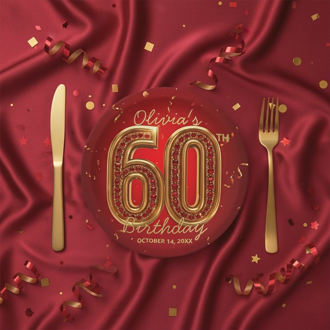 Assiettes En Carton Glamorous Ruby Gemstone Gold 60th Birthday Party (Créateur téléchargé)