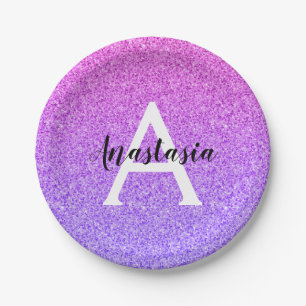 Assiettes En Carton Glamour Féminin Ombré Paillettes Violet Monogramme