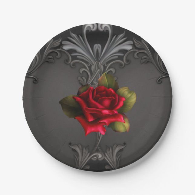 Assiettes En Carton Glamour gothique Rose rouge Noir Ornemental Glam (Devant)