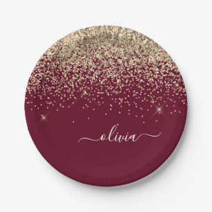 Assiettes En Carton Glamour Monogramme Féminin Paillettes Or Bourgogne