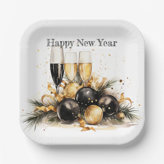 Assiettes En Carton 🍾 🎉 Glamour Nouvel An Plaques de Soirée 🥂 ✨ (Recto)