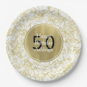 Assiettes En Carton Glamour Or Confetti 50 Ans Anniversaire en Or Blan