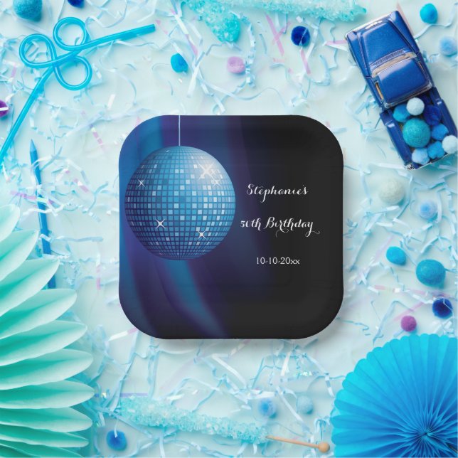 Assiettes En Carton Glamourous 50e anniversaire Blue Party Disco Ball (Fête)