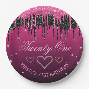 Assiettes En Carton Glamourux Anniversaire Noir et Rose avec Glitter q