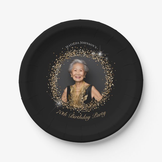 Assiettes En Carton Glitter Black Gold 70th Birthday Party (Devant)