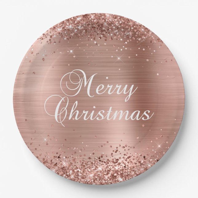 Assiettes En Carton Glitter Rose Gold Foil Joyeux Noël (Devant)