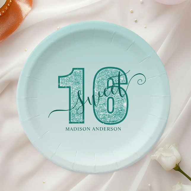 Assiettes En Carton Glitter Script Aqua Sarcelle Sweet 16 (Créateur téléchargé)