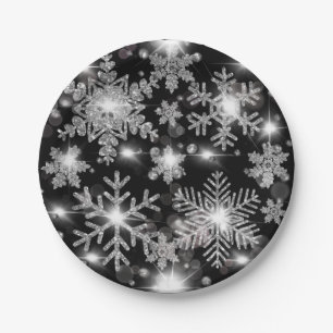 Assiettes En Carton Glittery argent fêter motif de flocon de neige