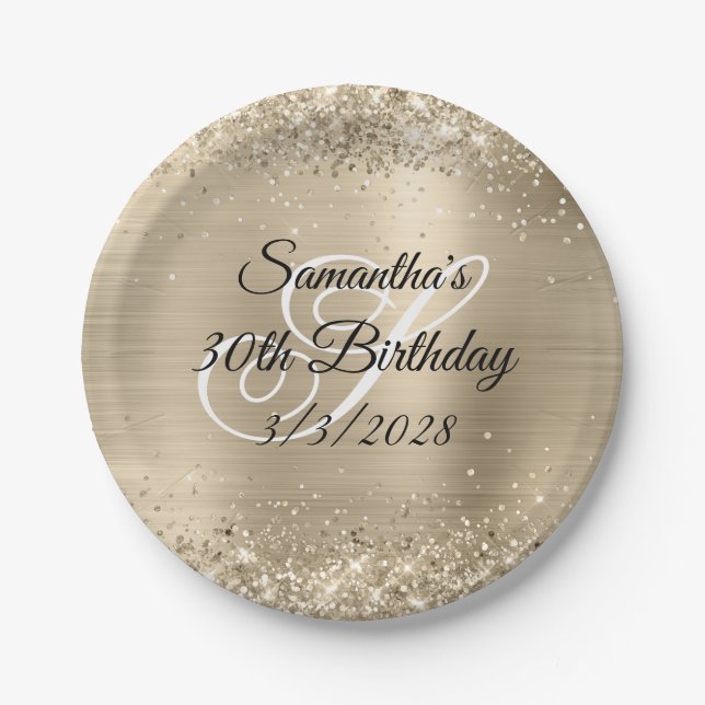 Assiettes En Carton Glittery Champagne Foil Monogramme 30e anniversair (Devant)