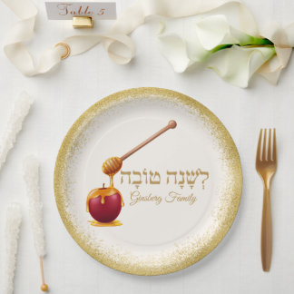 Assiettes En Carton Glittery Gold Apple Rosh Hashanah