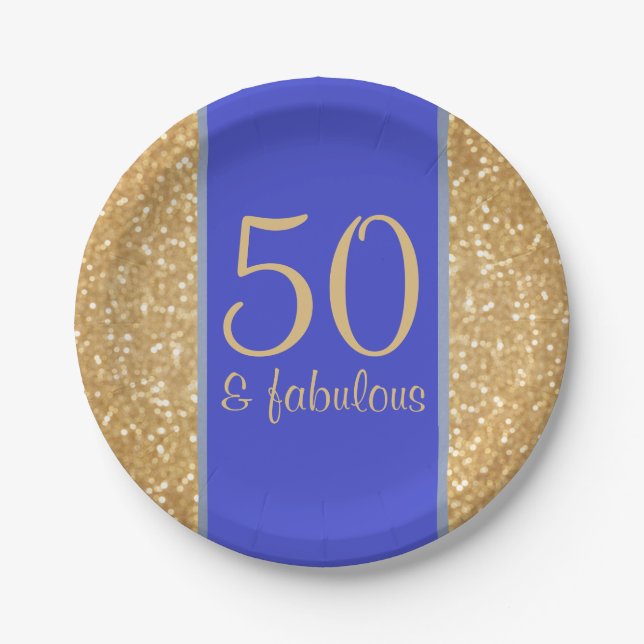 Assiettes En Carton Glittery Gold et Blue 50 & Fabuleux 50e anniversai (Devant)