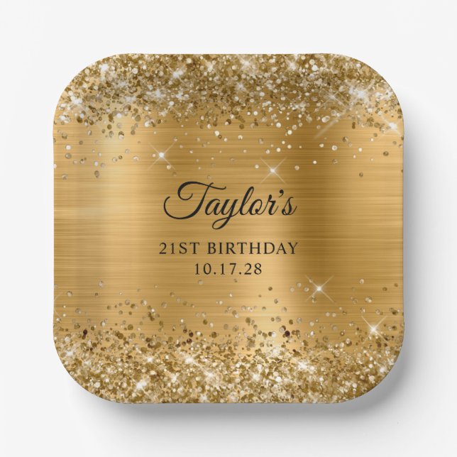 Assiettes En Carton Glittery Gold Foil 21e anniversaire (Recto)