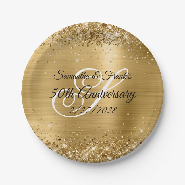 Assiettes En Carton Glittery Gold Foil Monogrammé 50e anniversaire (Devant)