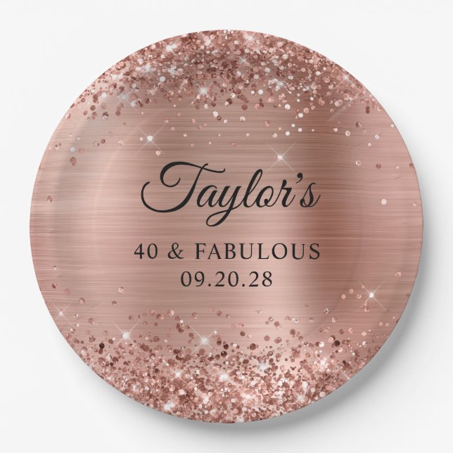 Assiettes En Carton Glittery Rose Gold Foil 40 & Fabulous (Devant)
