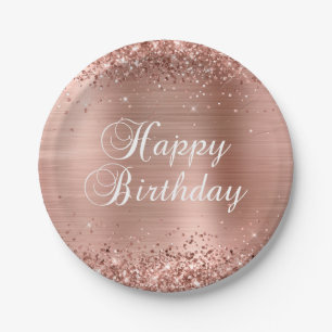 Assiettes En Carton Glittery Rose Gold Foil Joyeux anniversaire