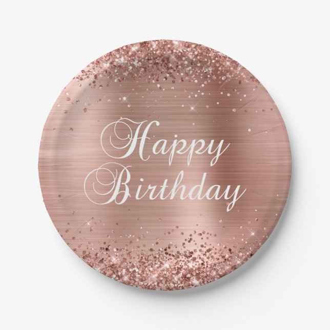 Assiettes En Carton Glittery Rose Gold Foil Joyeux anniversaire (Devant)