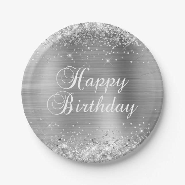 Assiettes En Carton Glittery Silver Foil Joyeux anniversaire (Devant)