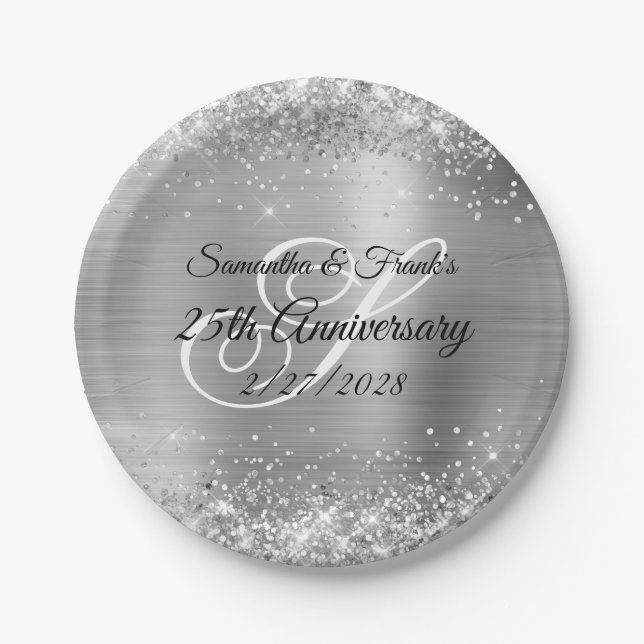 Assiettes En Carton Glittery Silver Foil Monogrammé 25e anniversaire (Devant)