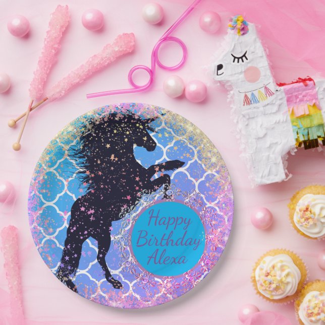 Assiettes En Carton Glittery Starry Unicorn Personnalisé Anniversaire (Fête)