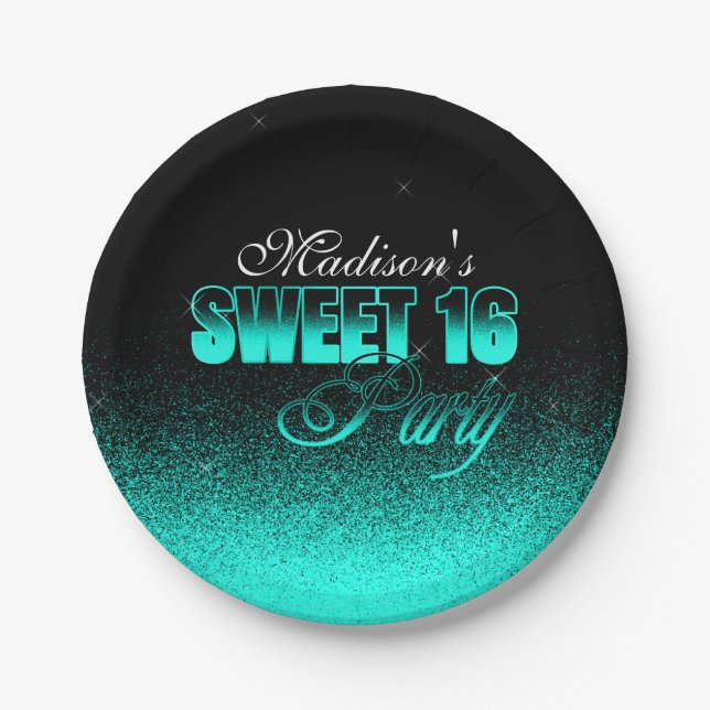 Assiettes En Carton Glitz et Glamour noir et Aqua Sweet 16 (Devant)