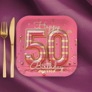 Assiettes En Carton Glitzy élégant rayé rose & or 50e anniversaire